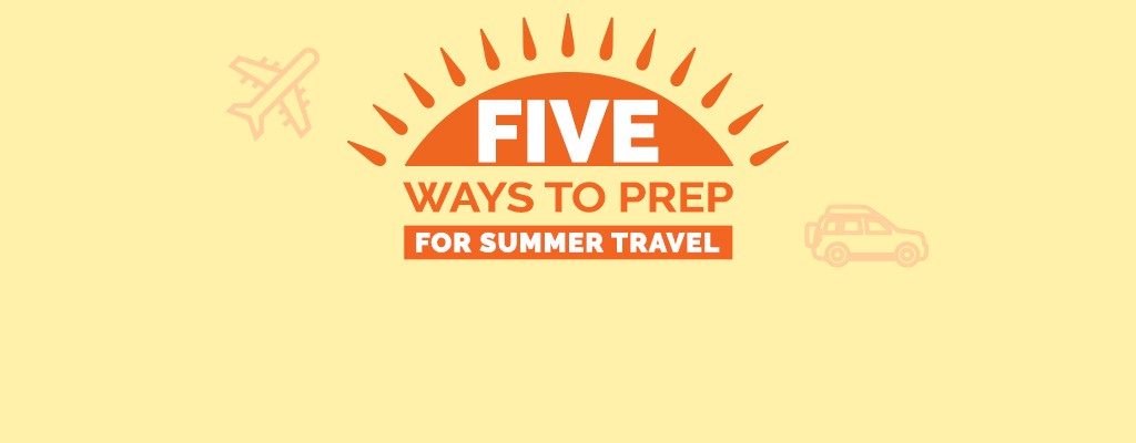 Graphics of an airplane, a car, and the rising sun