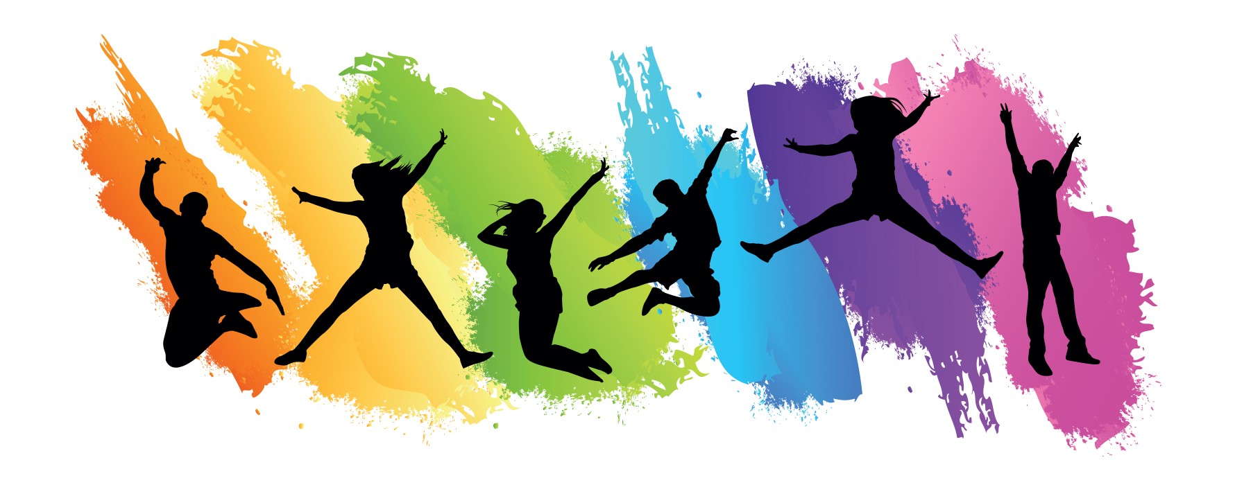 silhouettes of people jump and pose in front of a rainbow background