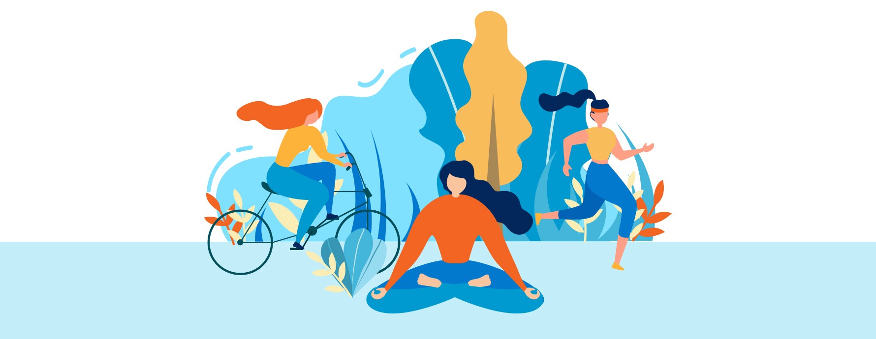 people riding bikes, running, and meditating