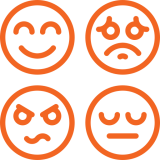 four faces, one happy, one sad, one angry, and one indifferent