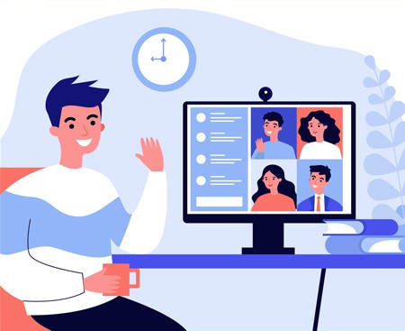 A person participates in a group video call