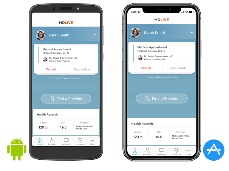 One Android smartphone and one Apple iPhone show how to use the MDLIVE mobile app