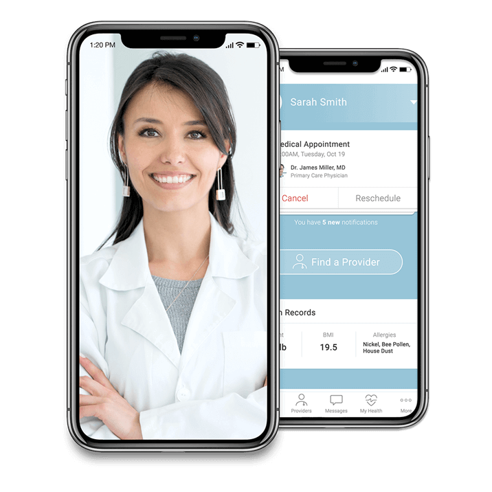 Two smartphones show an MDLIVE video call with a doctor and how to manage an MDLIVE virtual appointment